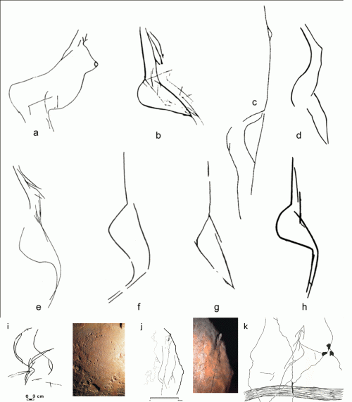 Figuras femeninas esquemáticas: Les Combarelles (C. Archambeau); b. Lalinde (A. Roussot); c. Magdeleine-la-Plaine (E. Ladier); d. Fronsac (B. and G. Delluc); e. and f. Gönnersdorf (G. Bosinski); g. Andernach (G. Bosinski); h. Hohlenstein-Bärenhole (G. Bosinski); i. El Linar (San Miguel y Muñoz); j. Arenaza (D. Garate); k. Altamira (S. Ripoll)